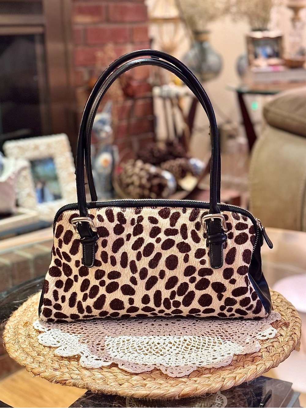 Express Animal Print and Hair Satchel with Black Leather Trim